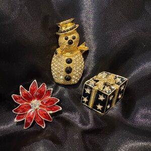 Trio of Holiday Brooches  Snowman Poinsettia and Gift